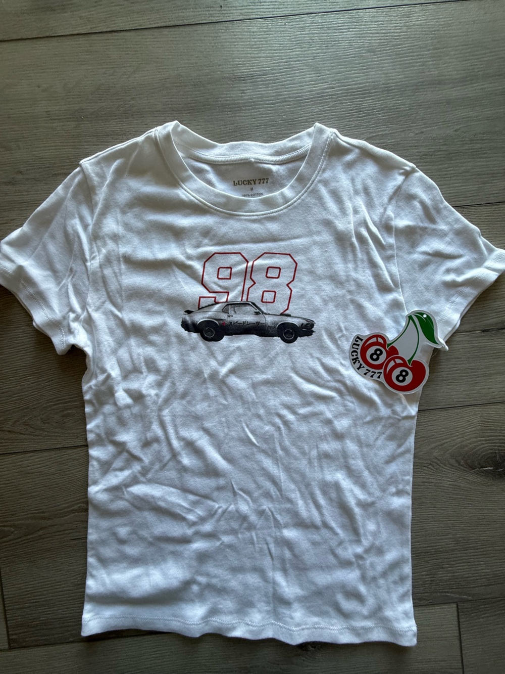 Lucky 777 Brand White Tee with Red '98' - Japanese Style Mustang